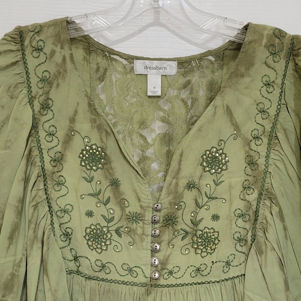 Dressbarn Sage Green Tie Dye Embroidered Lace Back Flutter Sleeve Blouse Medium - Picture 2 of 7